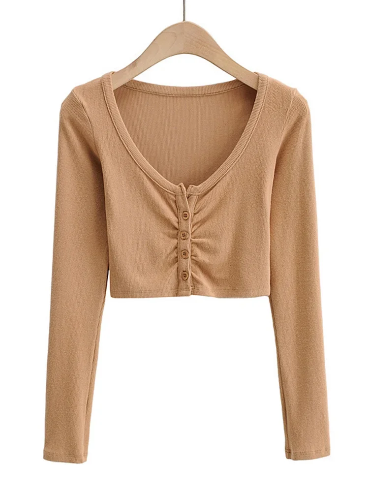 Top e camicette da donna con fondo a maniche lunghe con scollo a V sottile Cardigan con ombelico aperto in tinta unita High Street