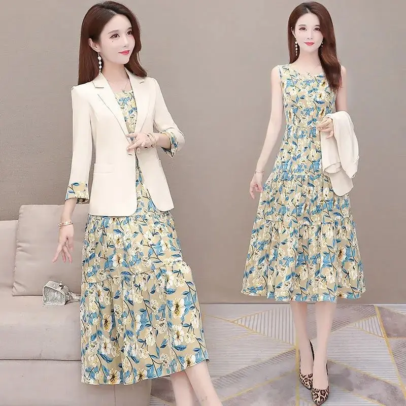 Women\'s Autumn Casual Blazers Sling Floral Dress Two Piece 2022 New Fashion Suit Jacket Midi Skirt Set Korean Elegant Chic Set