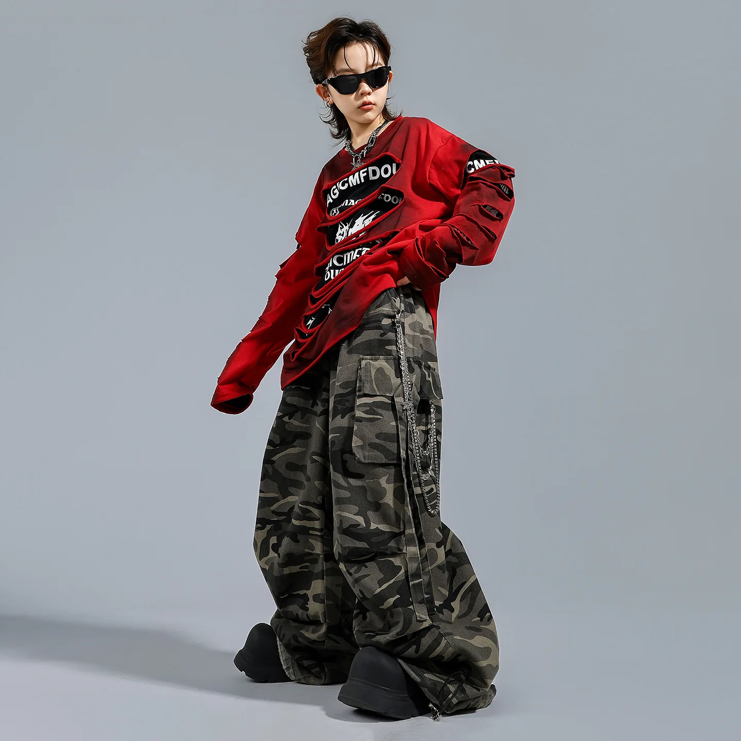 Sweat-shirt rétro Hip Hop pour garçons et filles, pantalon de danse de rue déchiré, ensembles de vêtements K-pop, Costumes de Jazz pour enfants et adolescents, Streetwear