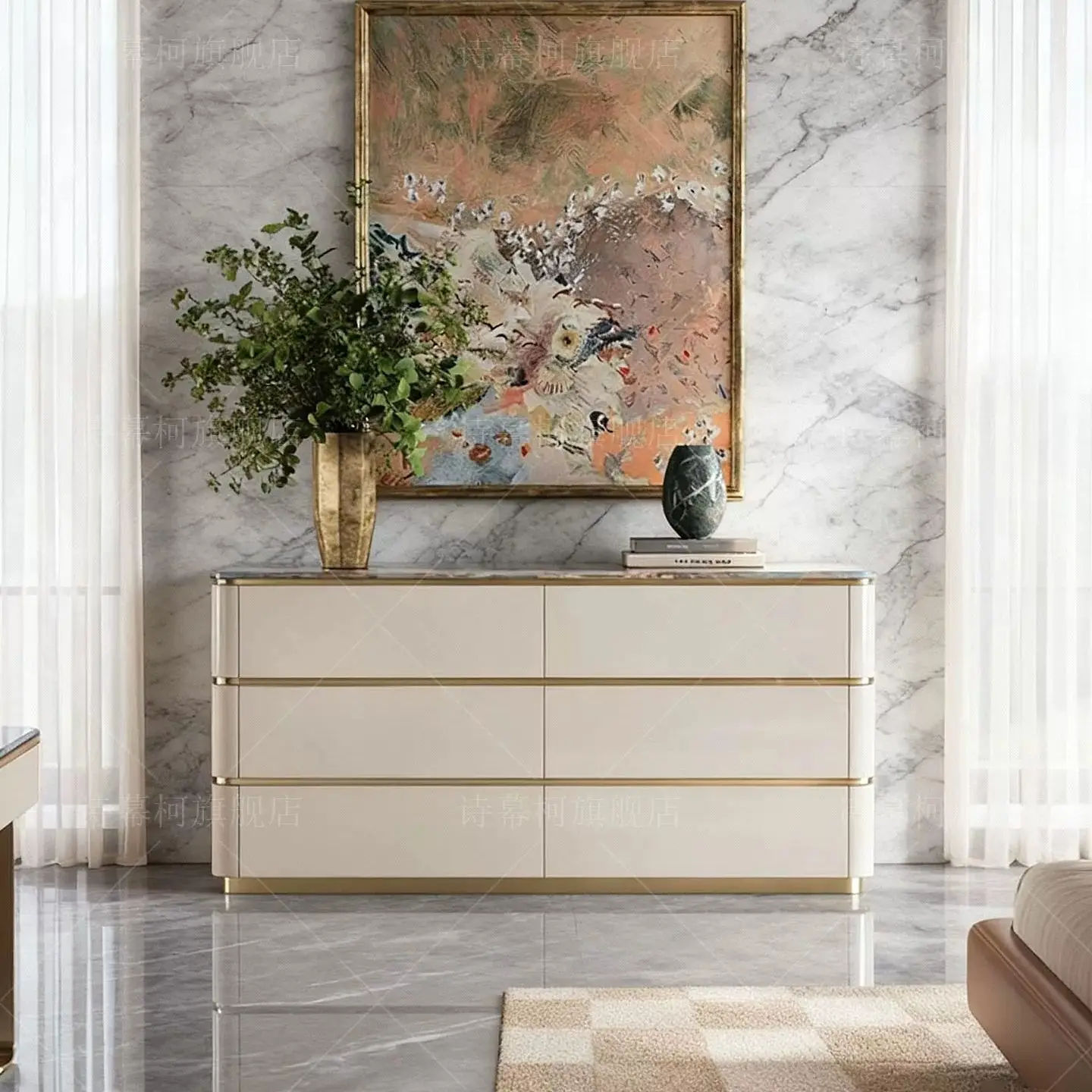 CX light luxury marble six buckets, high-end entrance, villa large-capacity drawer storage cabinet