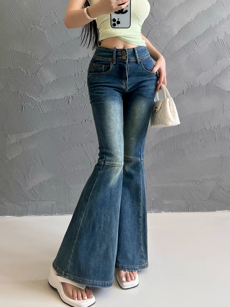 Jeans Washed Blue Women's Summer High Waisted Spicy Girl Micro Flared Pants Horseshoe Pants Slim Jeans Blue Sweet Pants 8ZKT