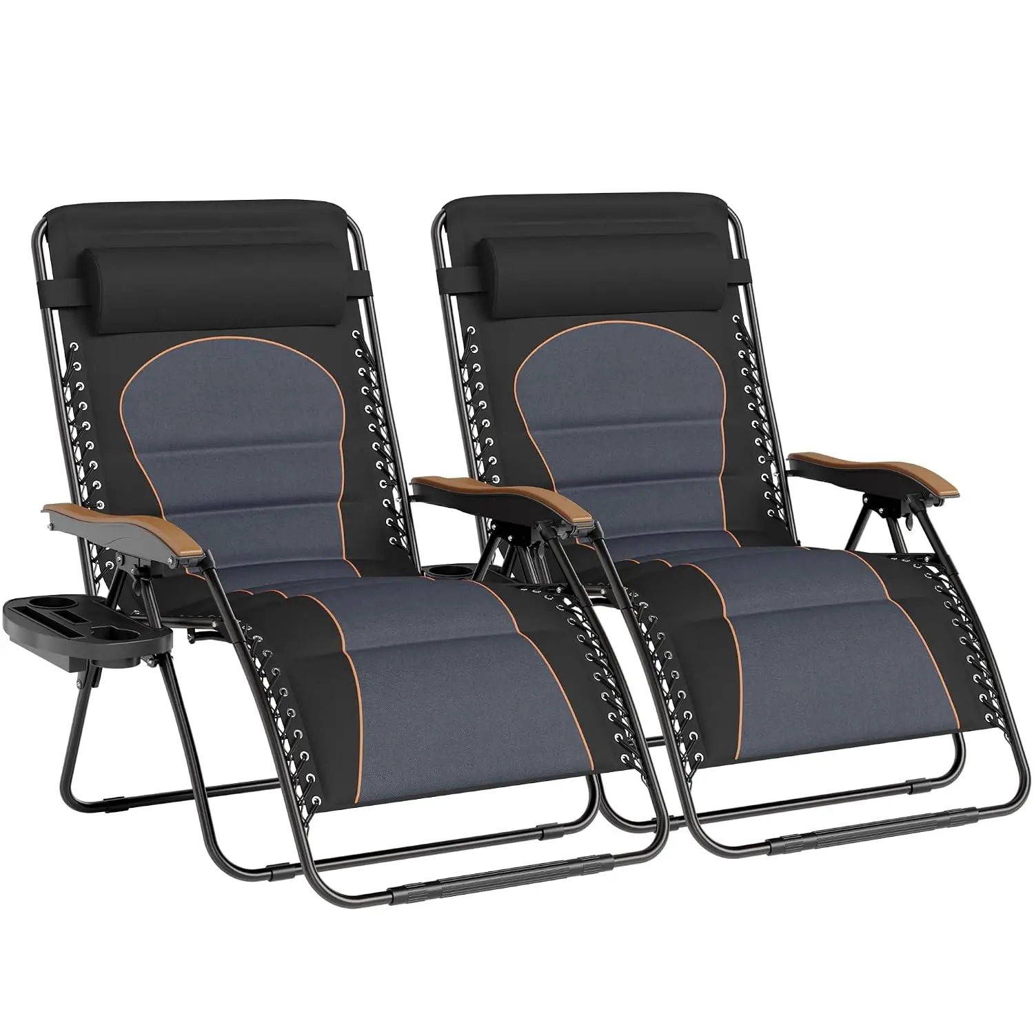 XXL Padded Outdoor Zero Gravity Chair Set of 2, Cup Holder, Black