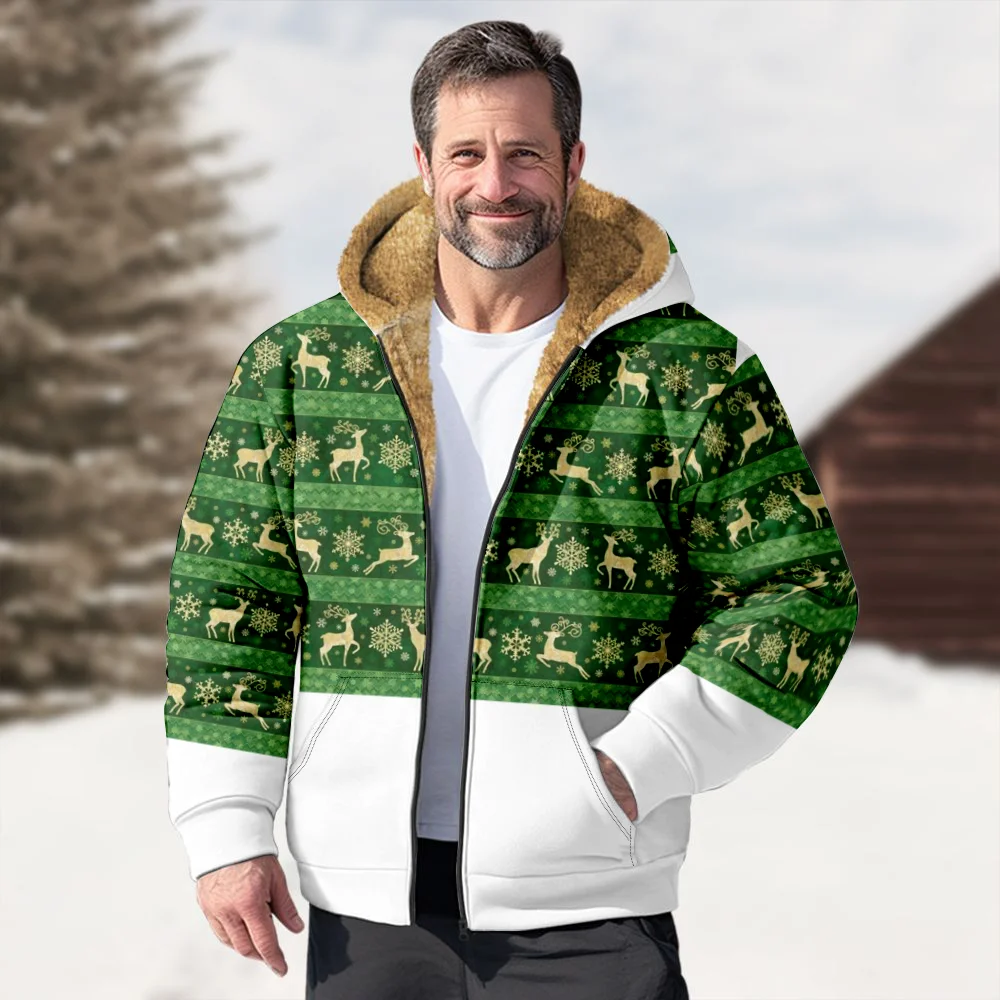 Men's Winter Jackets Coats,Christmas Reindeer Green Pattern Cotton Clothes Overcoat Elegant Sports CAMPUS