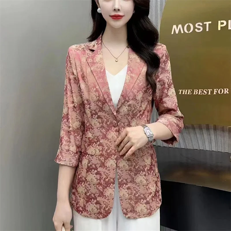 2024 Summer Female Korean Printed Thin Western-style Top Cardigan Women Fashion Jacquard Suit Jacket Casual High-end Small Suit