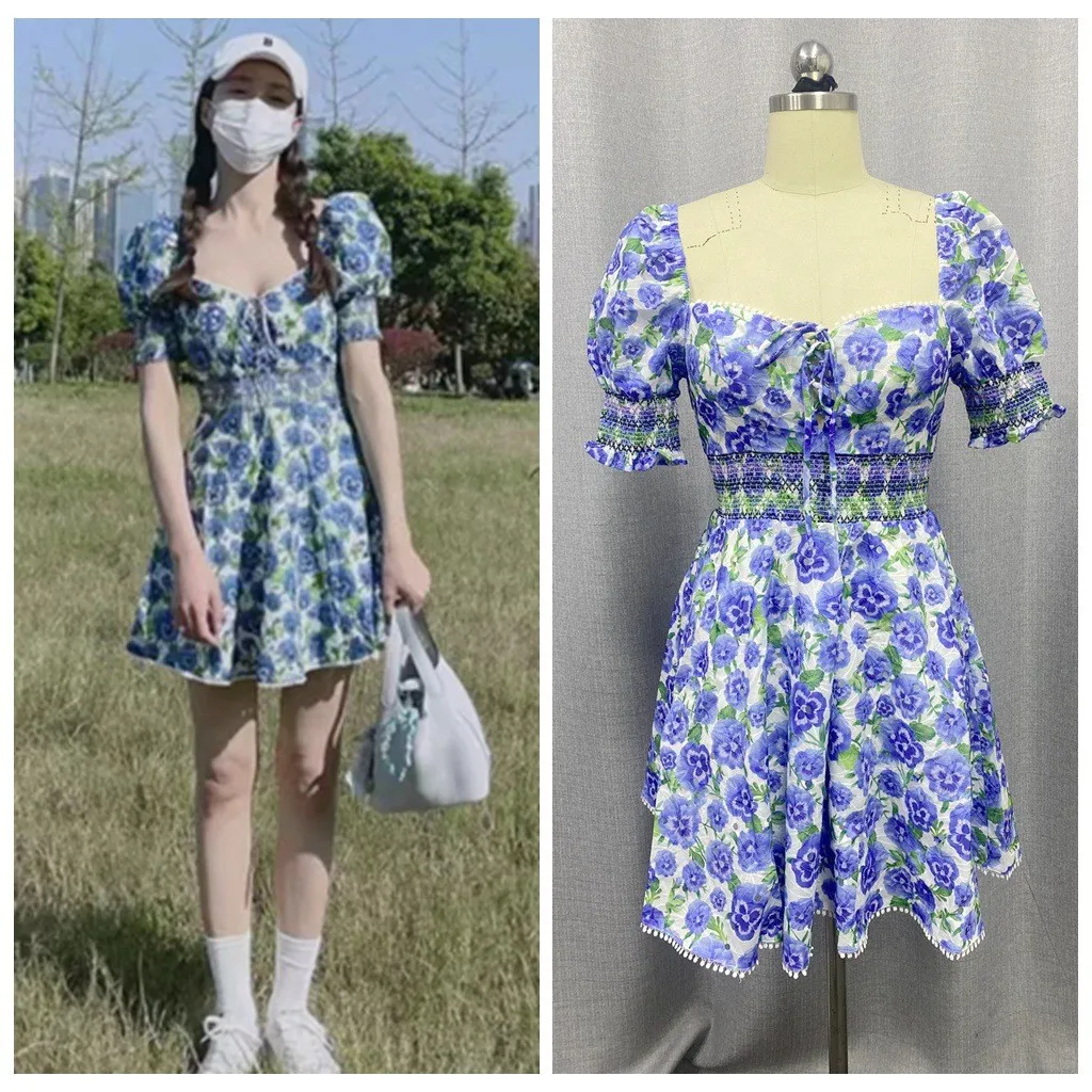 Sweet Sle Broderie florale ort Dr Col carré Puffy Sve Taille cintrée A-Line Dr pour les femmes petites