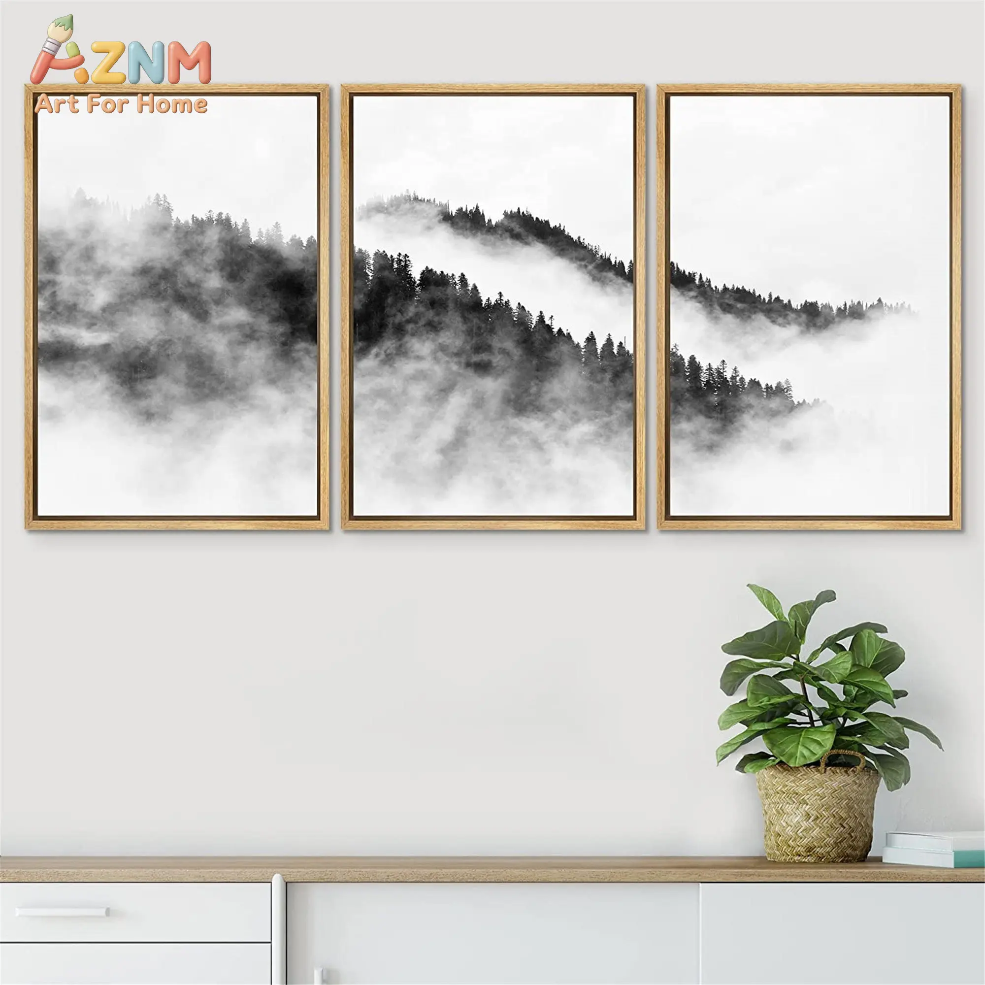 3PCS Black and White Misty Forest Mountain Landscape Canvas Wall Art Prints Minimalist Foggy Pine Tree Nature Scene Unframed Can