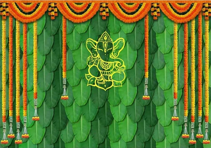 India Pooja Traditional Photography Backdrop Banana Leaf Green Chatiya Ganesh Background Marigold Puja Ganpati Wedding Tapestry