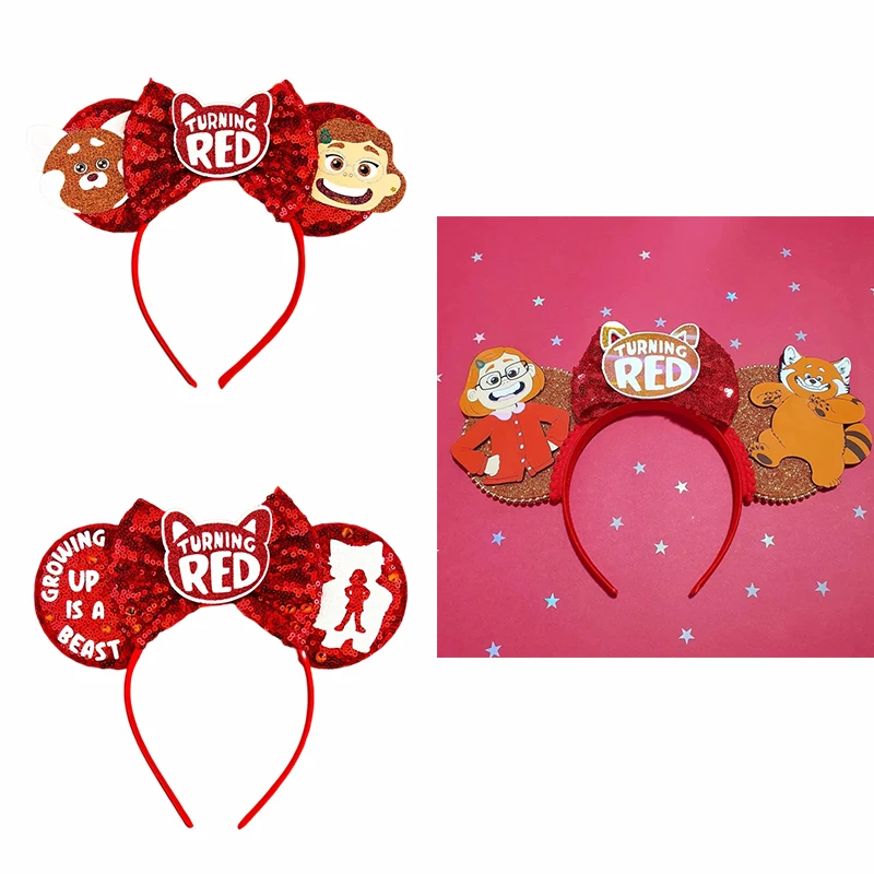 Disney Fall Winter Turning Red Headband Girl Cartoon Bow Ears Hair Accessories Lesser Panda Hair Bands Kid Meilin Hairband Women