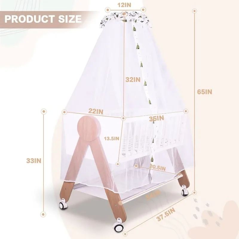 Wooden Bedside Bassinet Sleeper，Safe & Stylish Baby Crib Bassinet with Locking Wheels,Mosquito Net,Large Storage Basket