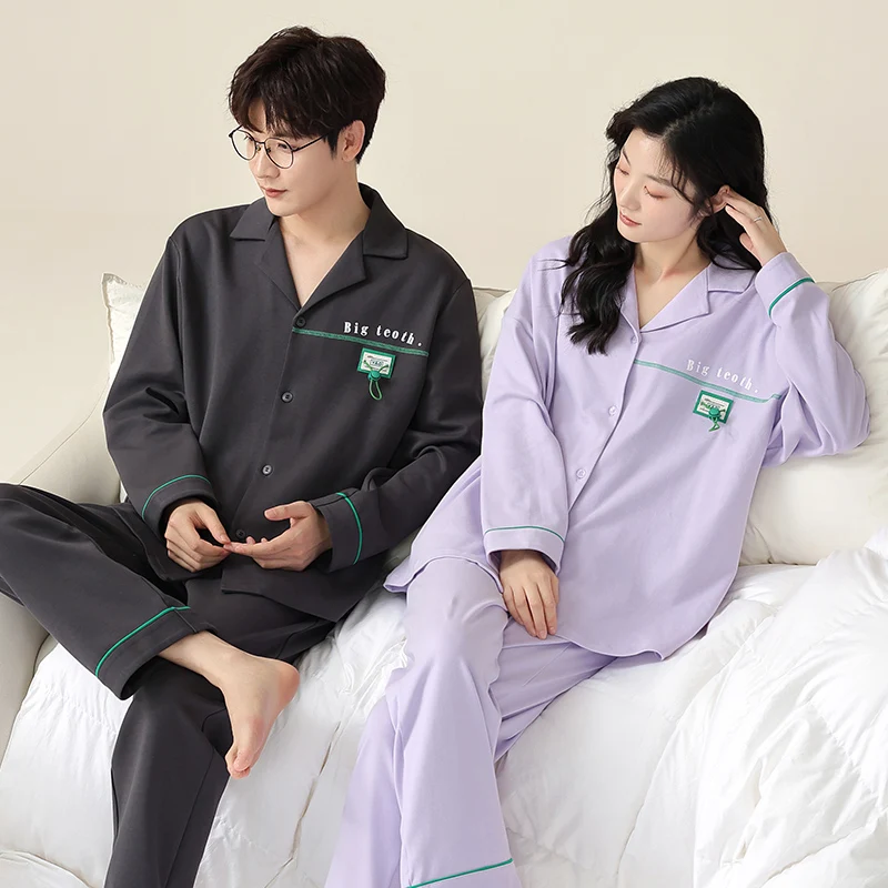 Couple style spring and autumn pajamas for men and women all cotton cardigan lapel collar home wear autumn and winter sets