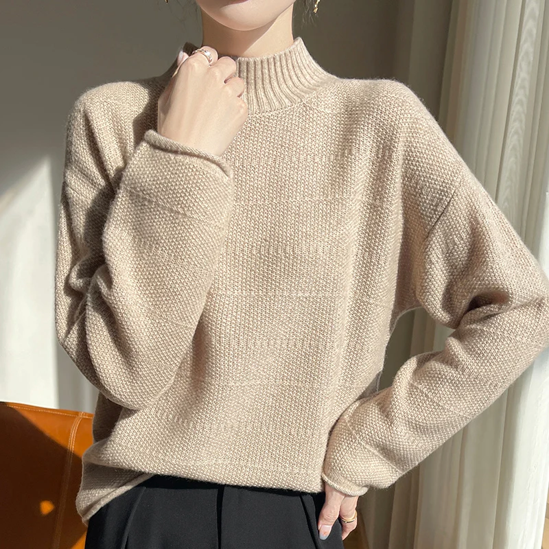 

Весна/осень 2022, новый женский пуловер из 100% чистой шерсти, модный трикотаж, свободный свитер с высоким воротником, высококачественный теплый свободный топ