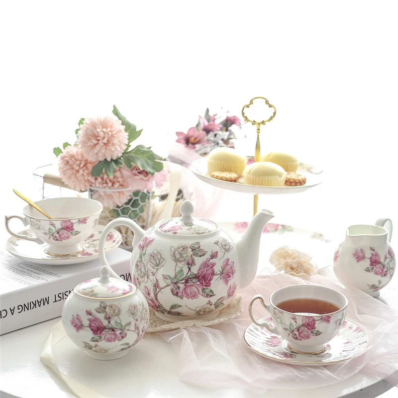 Ceramic Coffee Cup Pot Set Sugar Jug Milk Pot British Tea Set Warmhouse Gift Retro Bone China Pink Rose Printed Dessert Plate