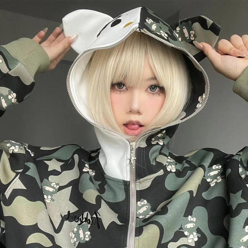 

Y2K милая куртка Hellokitty, кардиган на молнии, толстовка, камуфляжная блузка, уличная осенняя одежда для девочек, толстовка, свитер, куртка женская