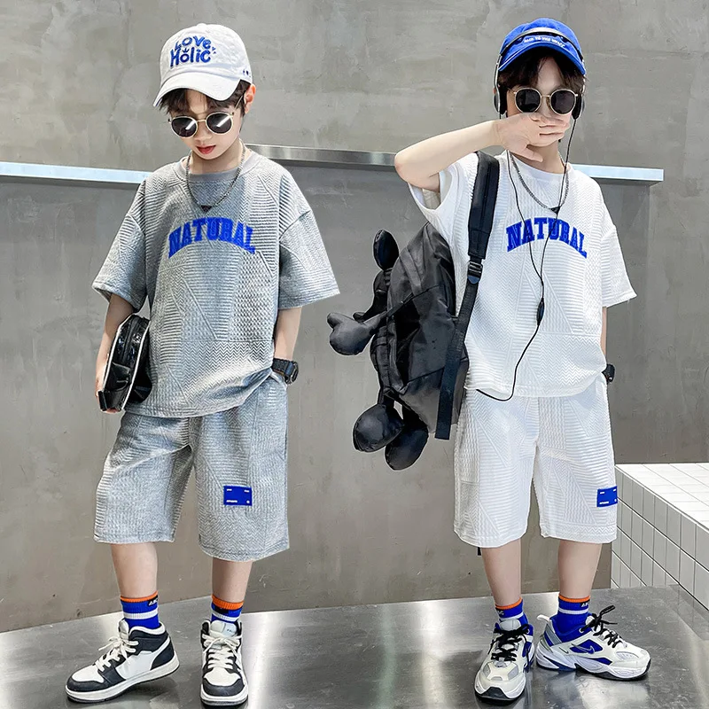 2026 new summer boys set Clothes teenager loose letters short sleeve t-shirt + thin shorts pant 4 5 6 8 10 11 12 year tracksuit