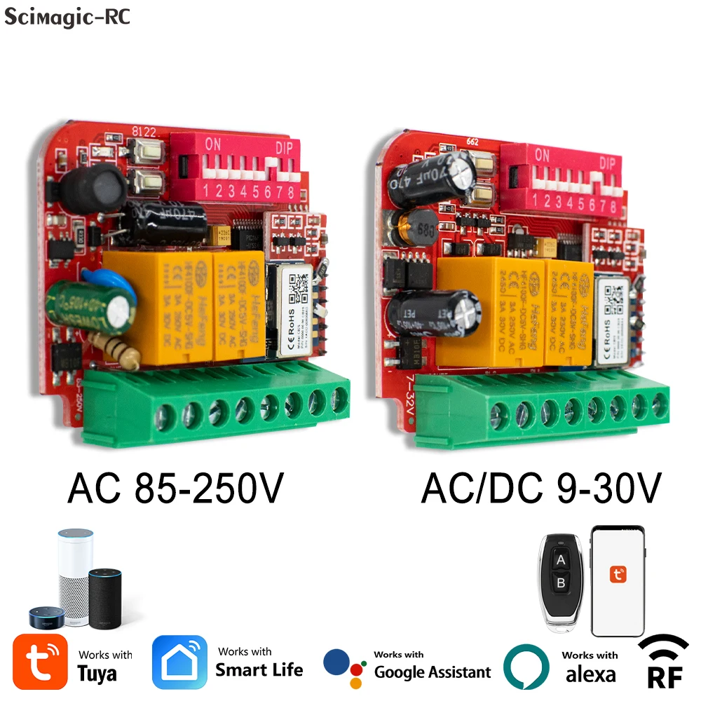2CH Tuya WiFi and RF Control Switch AC 9-30V / DC85-250V 433-900MHz Garage Smart Home Receiver for Smart Life Alexa Google Home