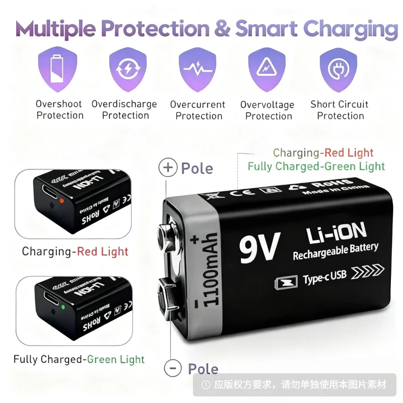 

Перезаряжаемая батарея Kuugro 9 В, 1100 мАч, USB Type-C, литий-ионная аккумуляторная батарея 6F22, 9 В для радиоуправляемого вертолета, модель мультиметра, игрушки