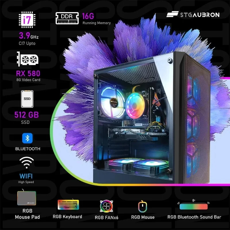 Gaming PC Desktop Computer, Core I7 up to 3.9 GHz, Radeon RX 580 8G, 16G RAM, 512G SSD, WiFi, Bluetooth 5.0, RGB - view 5