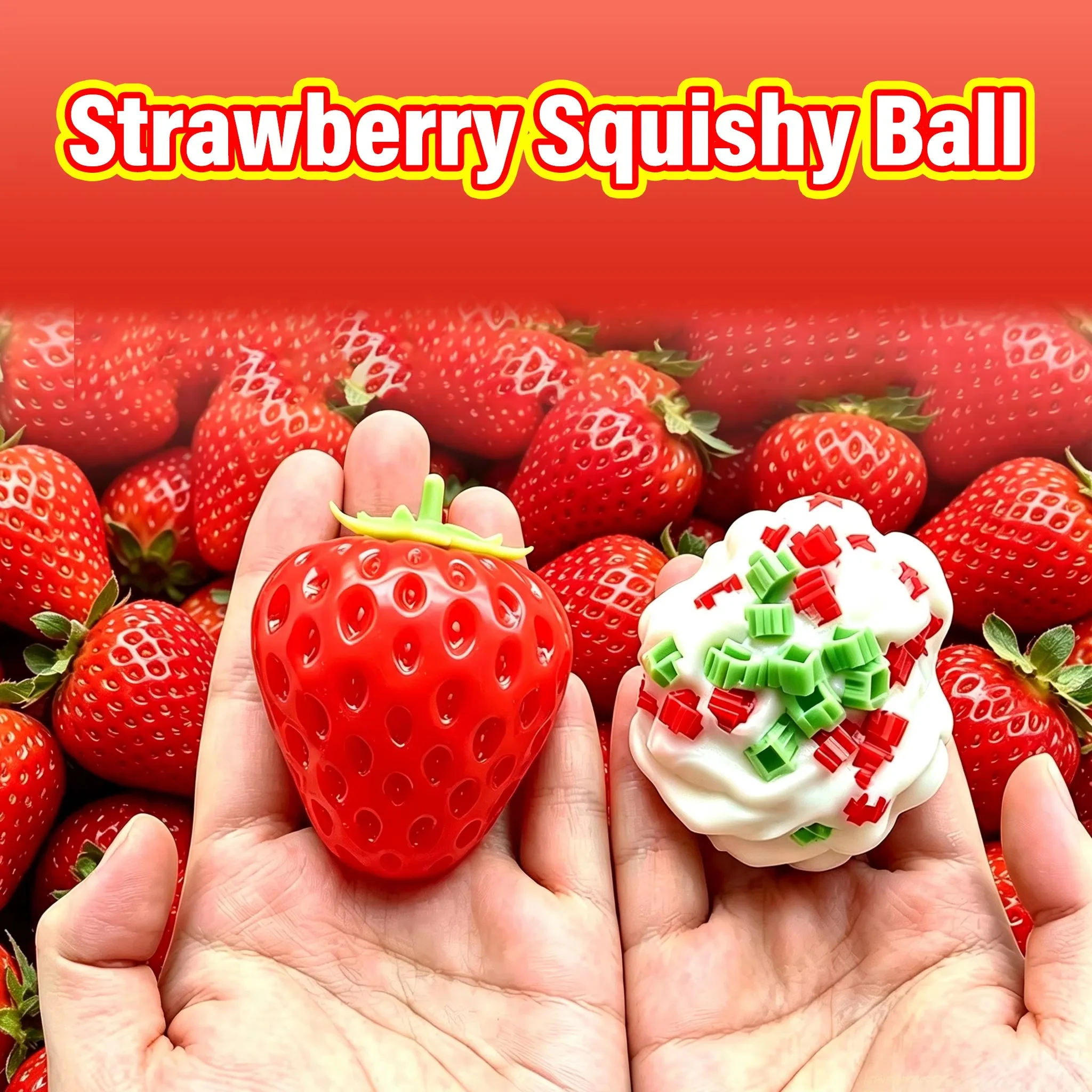 Crispy & Soft Building Block Strawberry Squishy Fidget Toy, Fruit Shape Squeeze Stress Relief Toy，Desktop Decompression Toy