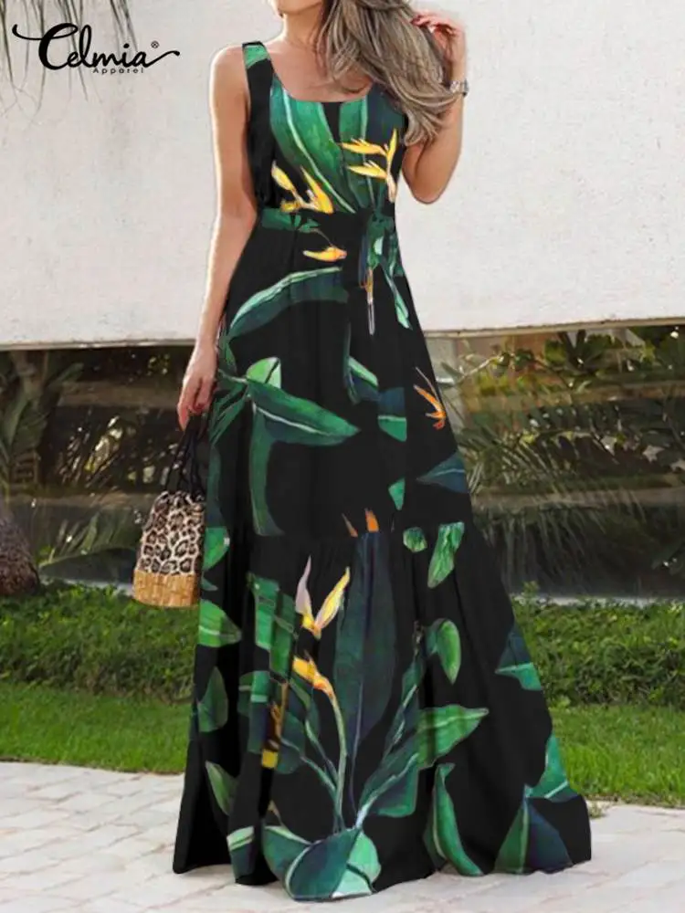 Summer Floral Dress Celmia Women 2023 Elegant Sleeveless Beach Maxi Sundress Casual Bohemian  Belted Party Thin Long Vestidos