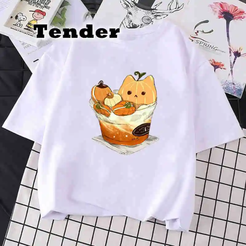 

Fall Autumn Pumpkin Coffee Graphic Tees Women Halloween 2022 Thanksgiving Cartoon Print Streetwear Vacation Tops Tshirt T-Shirt