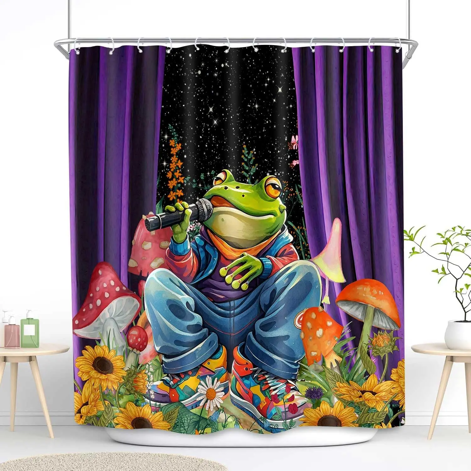 

Забавная занавеска для душа с лягушкой, фантазийные грибы, подсолнухи, звездное небо, полевой цветок, ботанические черные тканевые занавески для душа, комплект для ванной комнаты