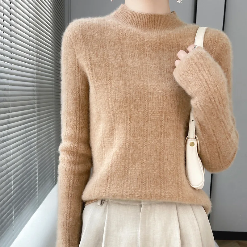 Seamless Half High Neck Hollowed Out Wool Sweater Women's Long Sleeved Solid Color Jumper Winter Warm Cashmere Knit Pullover