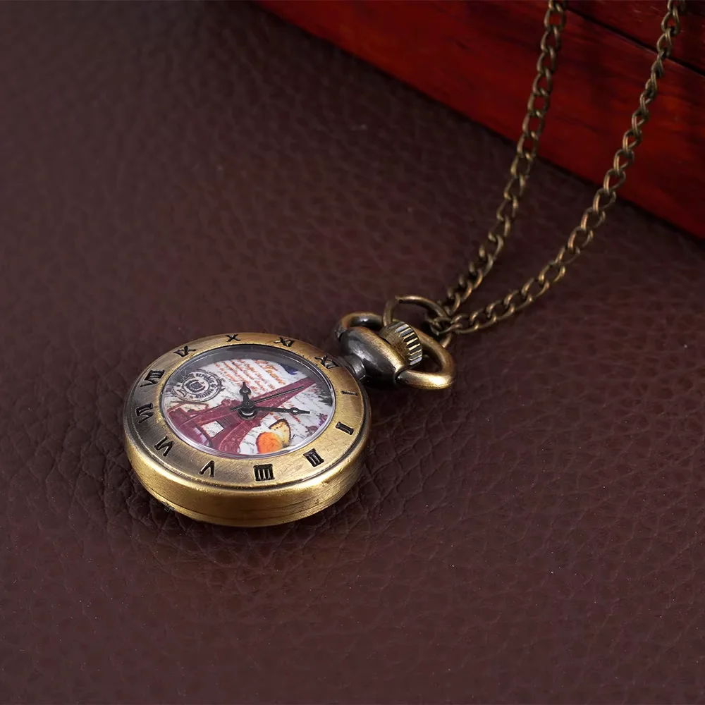 Small pocket Watch Bronze single case quartz Roman scale tower and butterfly pattern pocket watch