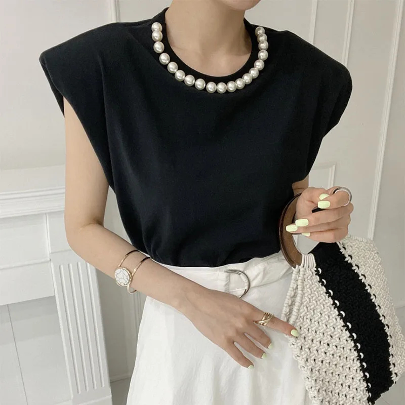 

Chic Summer New Pearl Decoration Design round Ne Pad oulder Svel T-irt Women's Top Korean Sle Cotton Casual Wear