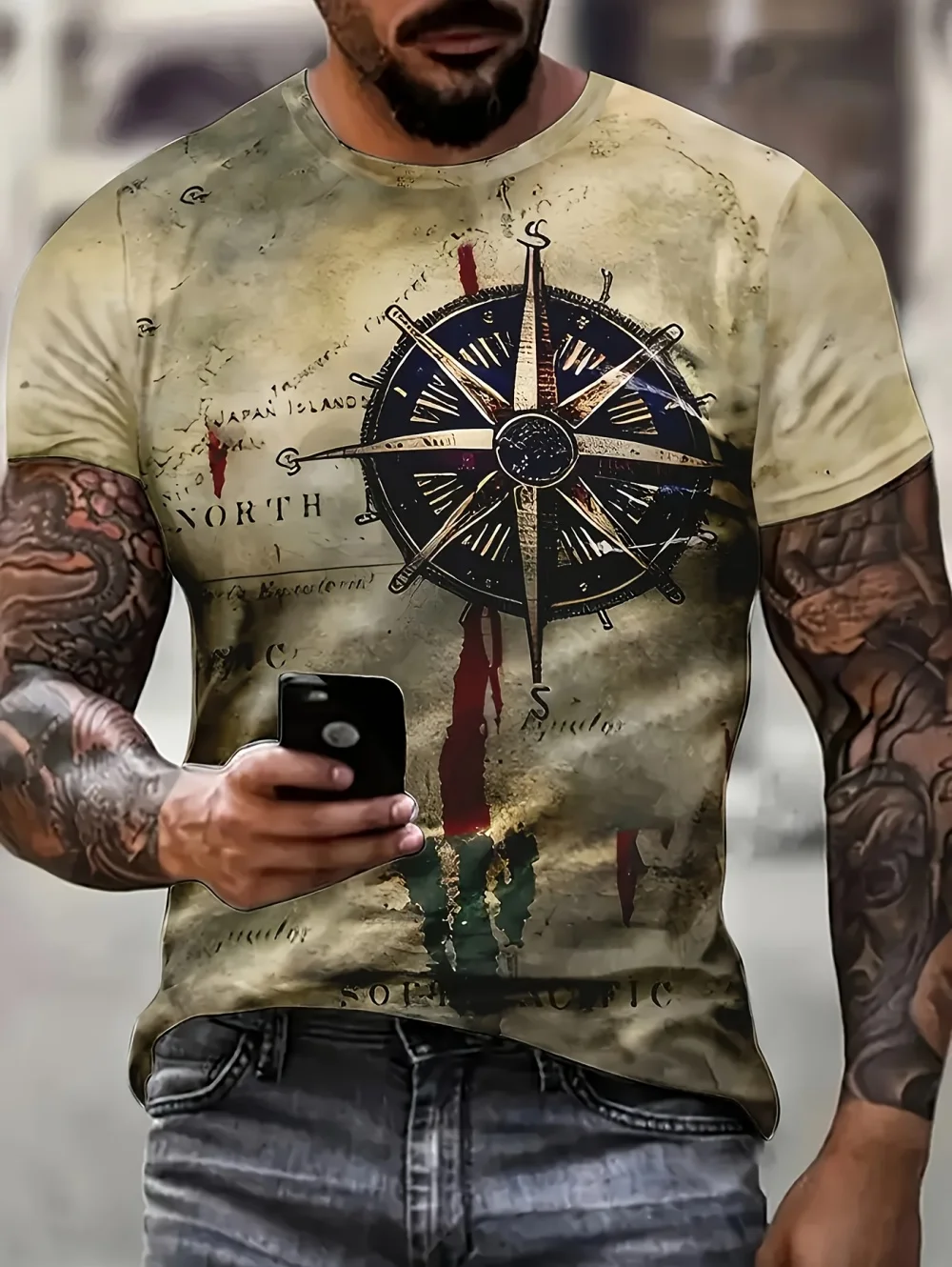 Men's 3D Digital Print Compass T-Shirt Casual Fashion Summer Short Sleeve Tee Soft and Skin-Friendly Streetwear Men's Clothing
