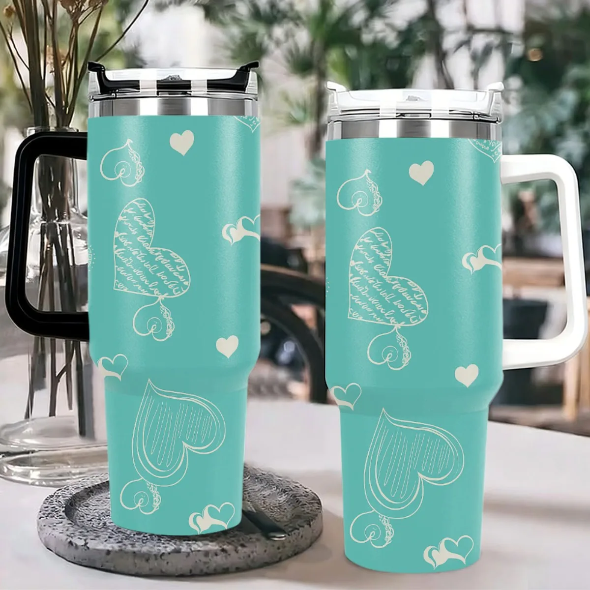 Turquoise White Script Heart Print 40oz Insulated Stainless Steel Travel Tumbler With Handle And Lid
