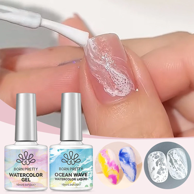 

BORN PRETTY 2 шт. Гель-лак для ногтей с эффектом пузырьков и морских волн, акварельный, 10 мл, летний, белый, градиентный, с эффектом кружева, для снятия замачиванием