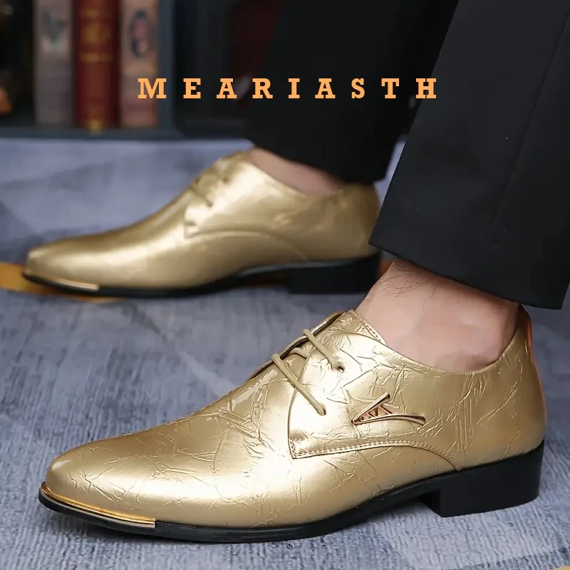 Spring Men dress shoes Luxury stage show Grace Gentleman leather lace up Men's shoes metal Pointed Dress shoes Wedding shoes