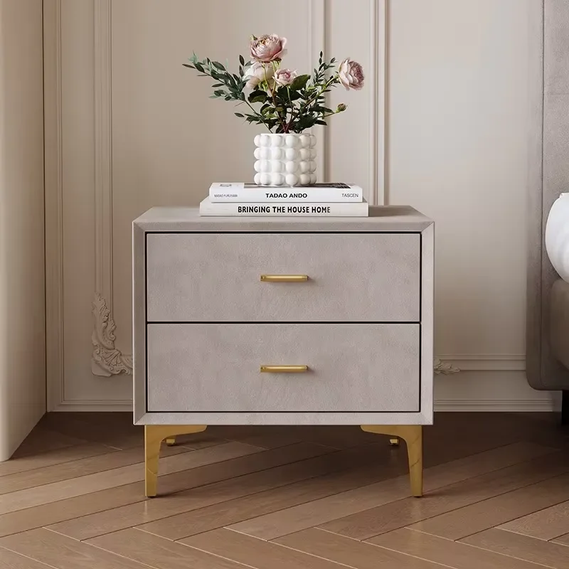 Minimalist Upholstered Nightstand White Bedside Cabinet with Soft Pack Metal Legs 2 Drawer Storage Furniture
