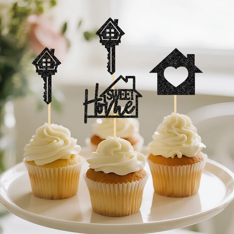 YOMDID 24 Stück Sweet Home Kuchendekorationen aus Bambus für Einweihungspartys, Cupcake-Dekorationen mit 'Sweet Home' Haus- und Schlüssel-Designs – Detail 8