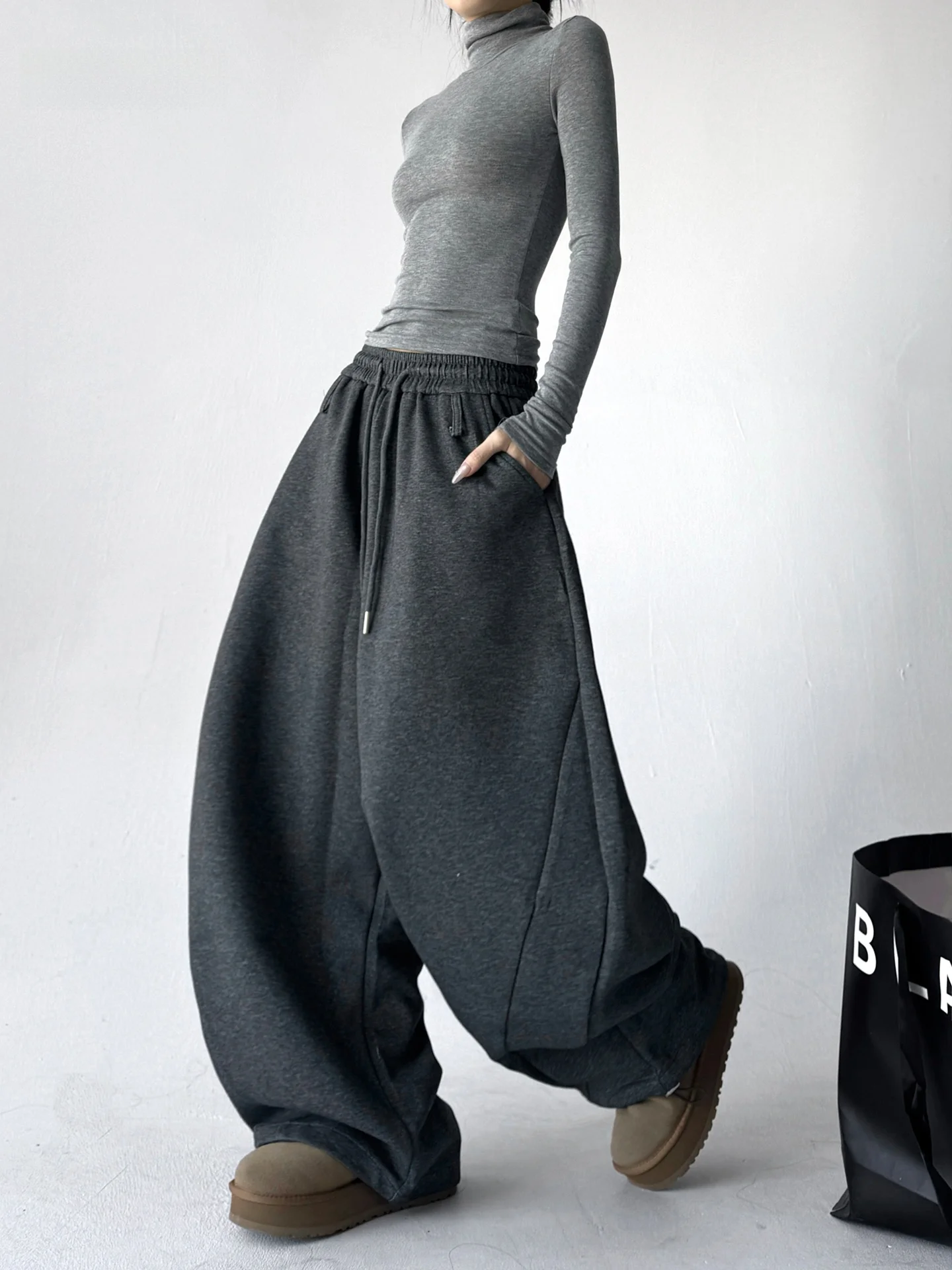 

American Basic Color Sport Pants Women's Autumn Winter Loose Wide Leg Casual Trousers High Waist Polyester Cotton Blend