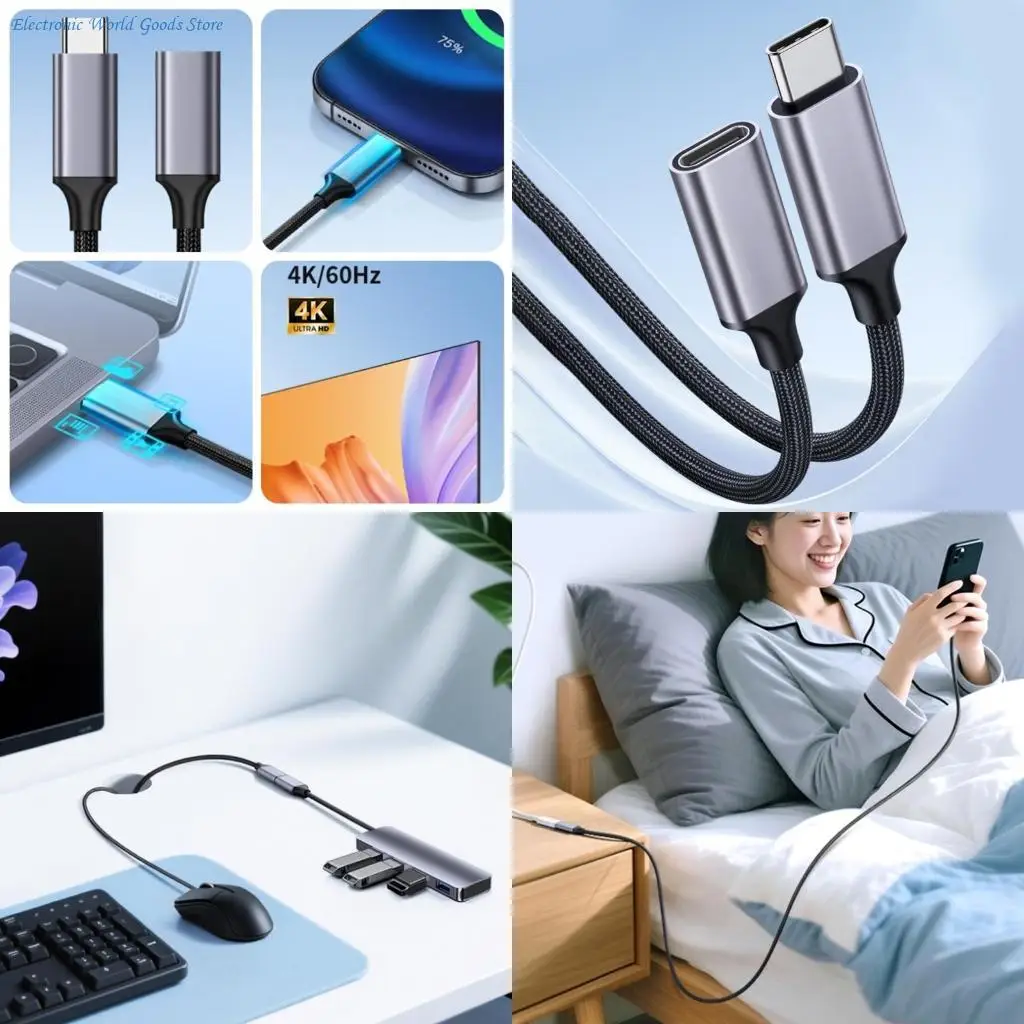 A3PD Braided Type C Extension Cable Male to Female Cord 100W Charging 4K Display Enhances Connection and Screen Mirroring