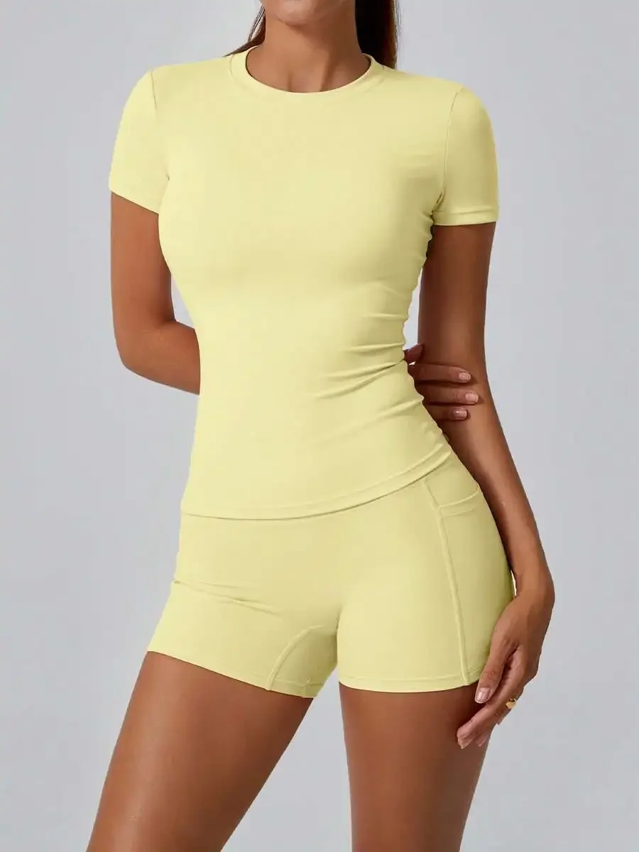Women's Sweet Sports Short Sleeve High Waist Tummy Control Butt Lifting Shorts Set