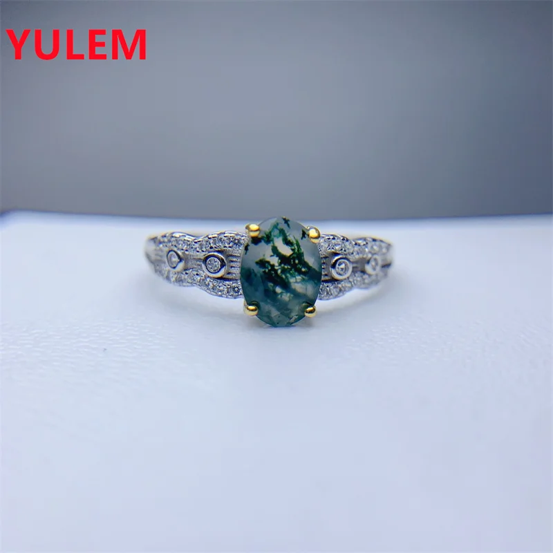 YULEM Natural 6*8mm Moss Agate 925 Sterling Silver Open Rings For Women Green Gemstone Anniversary Wedding Jewelry Unique Gift