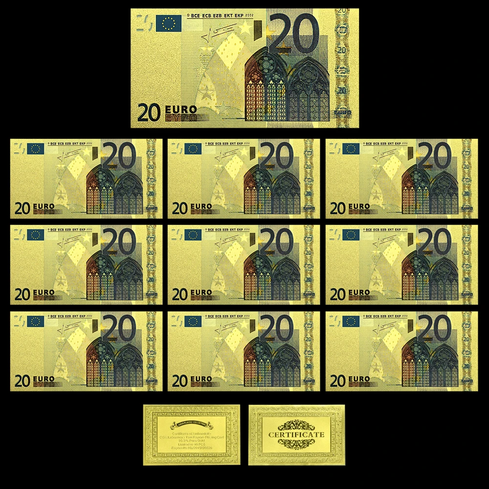 10PCS 20 Euros Gold Foil Banknotes Replica Money with Golden Certificate PET Plastic Foldable Notes Wholesale Items