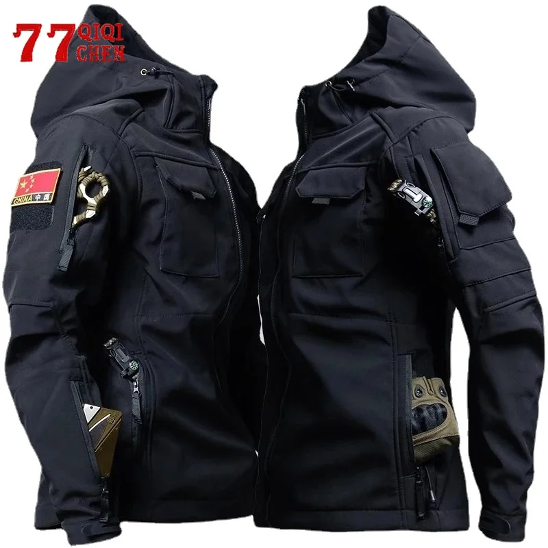 Mens Shark Skin Tactical Hooded Jackets Waterproof Fleece Soft Shell Multi-pockets Wear-resisting Jacket Outdoor Combat Coats