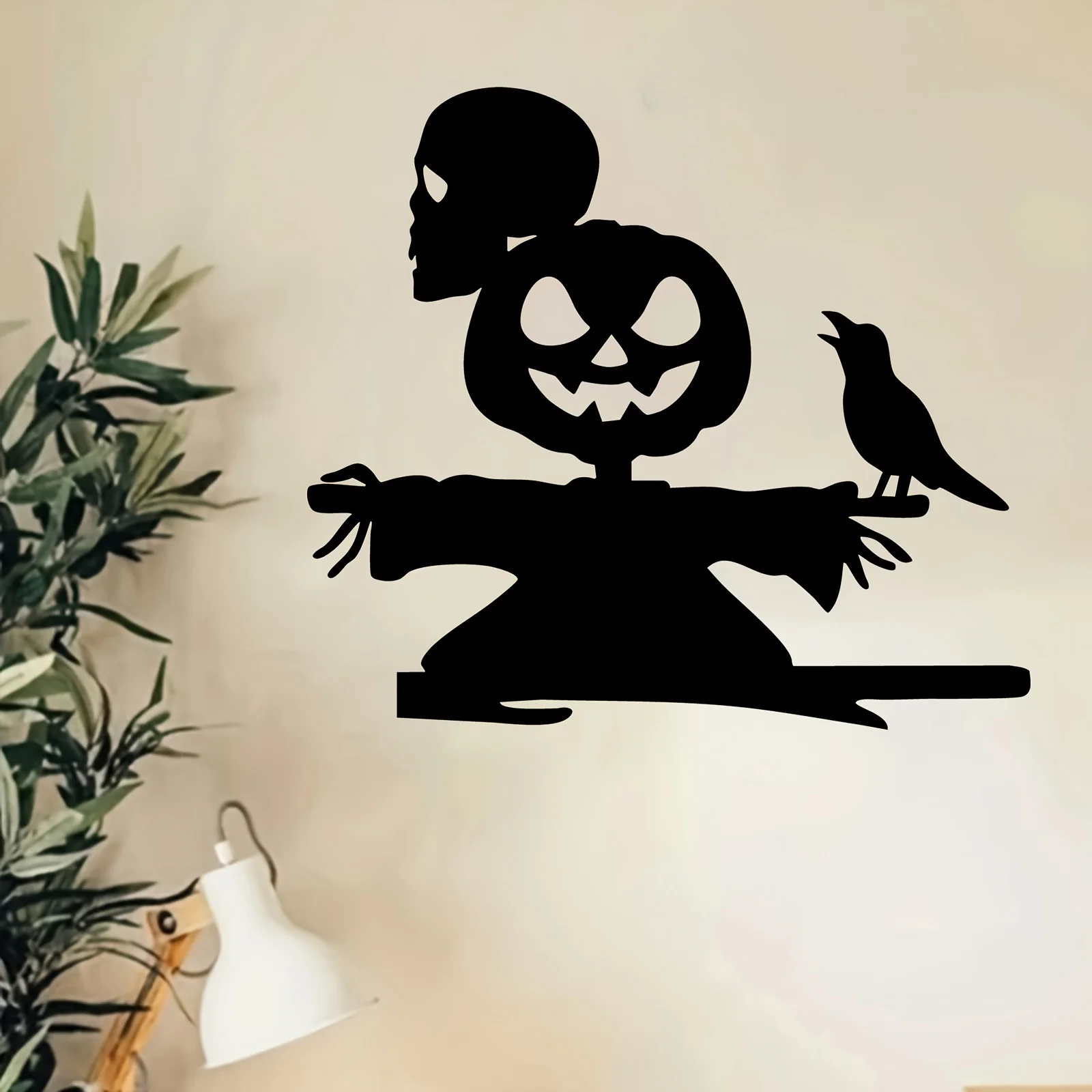 CIFBUY 2D Flat Skull Pumpkin & Crow Metal Wall Art, Laser‑Cut Spooky Fall Silhouette Mural for Garden Fence Patio Living Room