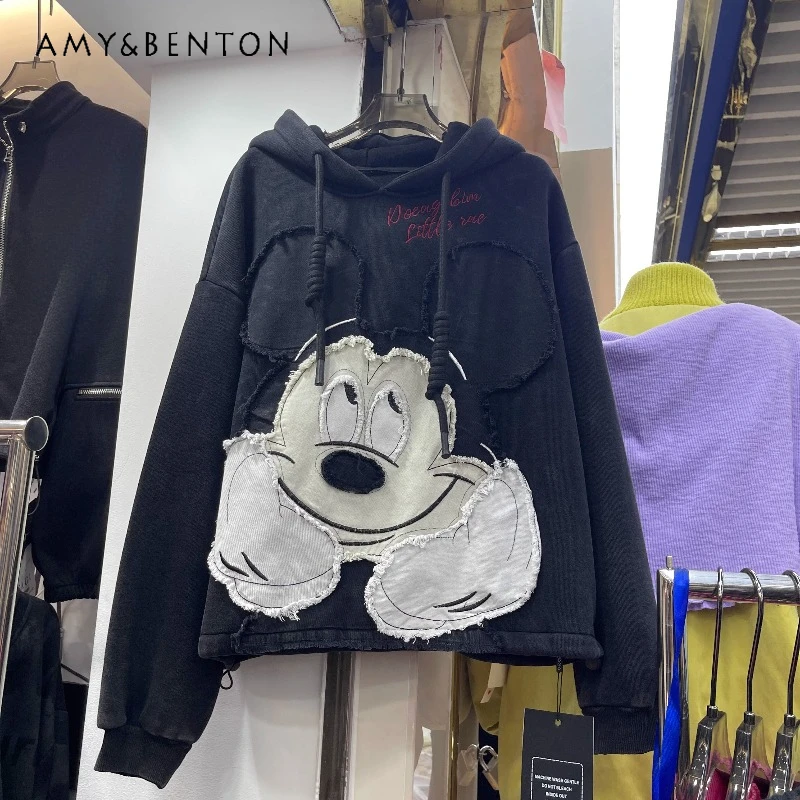 

2025 Winter New Loose Short Oversized Hoodies Outerwear Heavy Industry Cartoon Hooded Fleece Sweatshirt Long Sleeves Jacket Coat