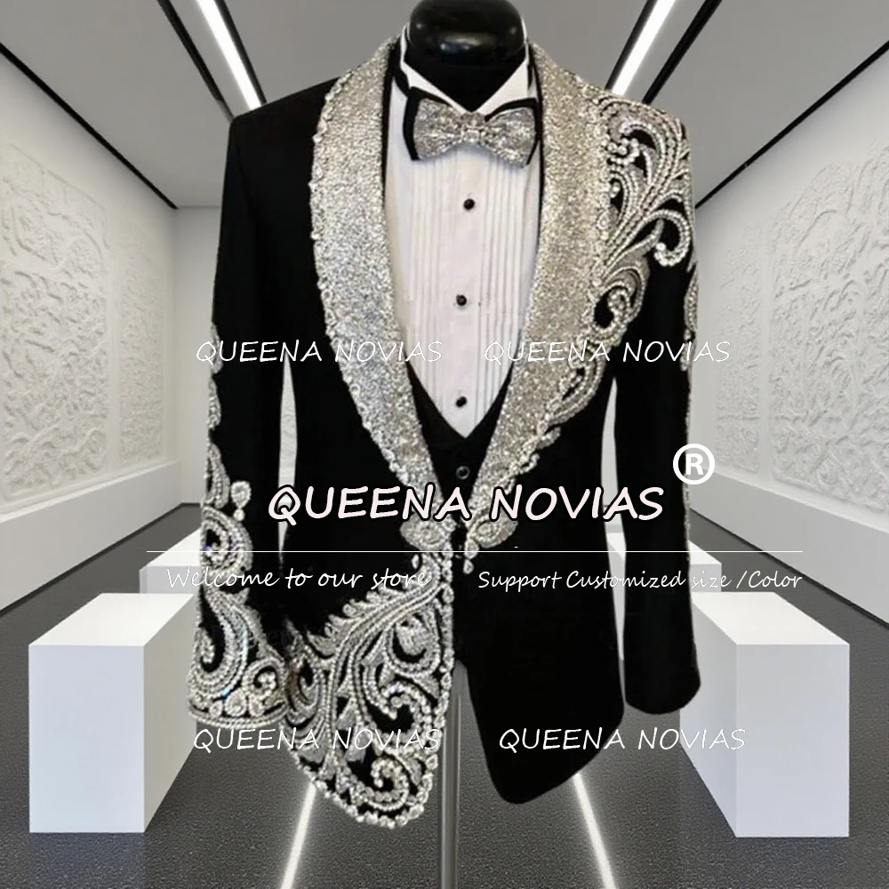 3 pezzi set abiti da sposo da sposa cristalli in rilievo uomo banchetto smoking personalizzato ballo di fine anno blazer moda maschile abito da uomo