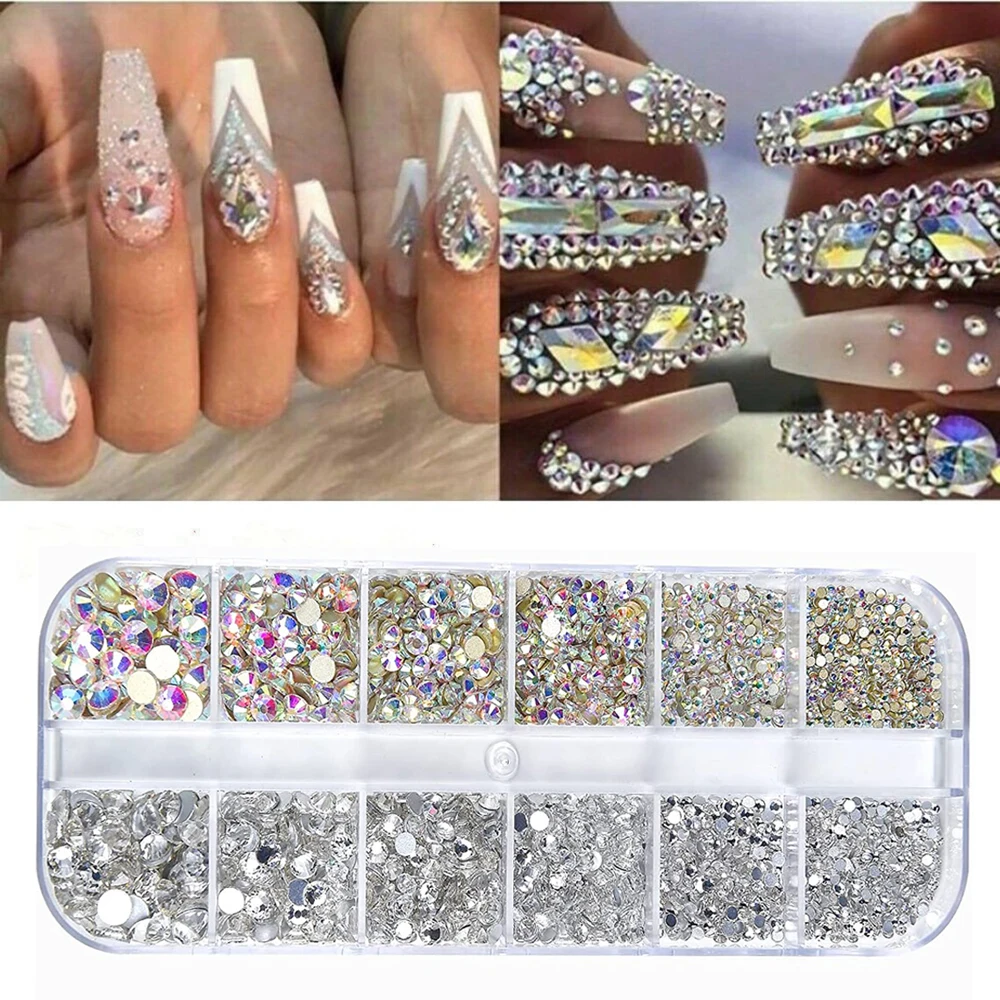 

12 Grid AB Clear Non HotFix Glass Nail Art Rhinestones Shiny Crystal Flatback Nail Gems Diamond DIY Nail Art Strass Stones