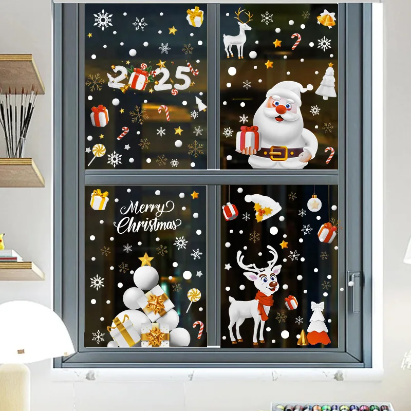 クリスマス静電ガラス窓ステッカー漫画サンタクローストナカイ雪だるまクリスマスツリー2025メリークリスマスホームデコレーション