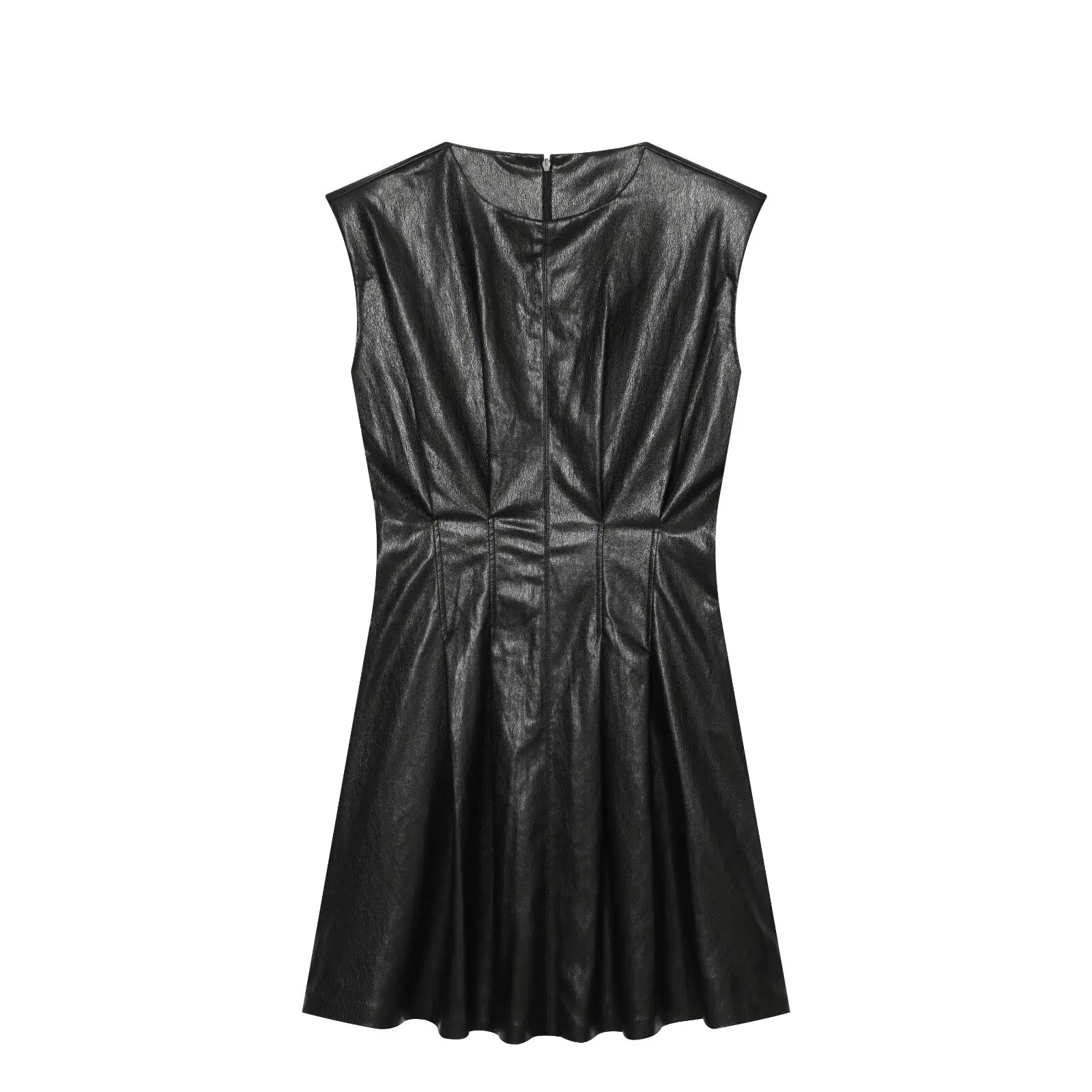 Womens Vintage Black PU Leather Short Dress Round Neck Sleeveless A Line Mini Dress Sleek Night Out Party Clubwear