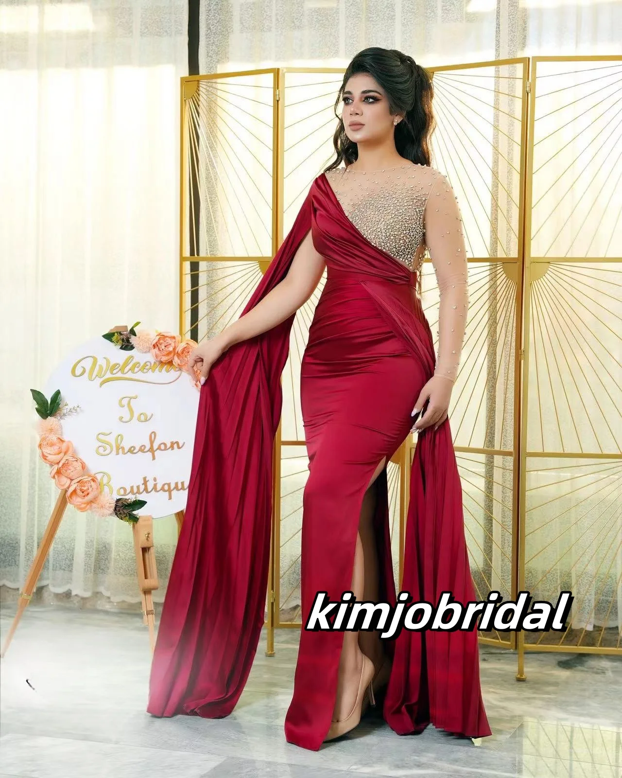 

Dark Red Sheath Prom Dresses Long for Arabic Women 2025 Beading Pearls Crew Neckline Long Sleeve Formal Evening Gowns With Slit