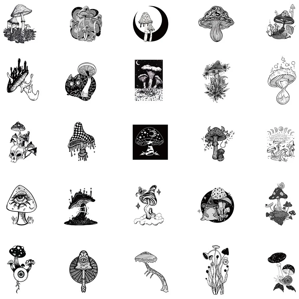 50pcs Black White Gothic Mushroom Stickers Laptop Phone Stationery Guitar Ipad Laptop DIY Sticker Handmade Scrapbooking Supplies