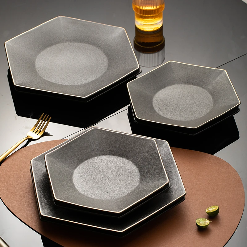 

Ceramic Black Matte Hexagonal Plate Tableware Decorated with Gold Trim Steak Plate Home Light Luxury High-end Western Food Plate