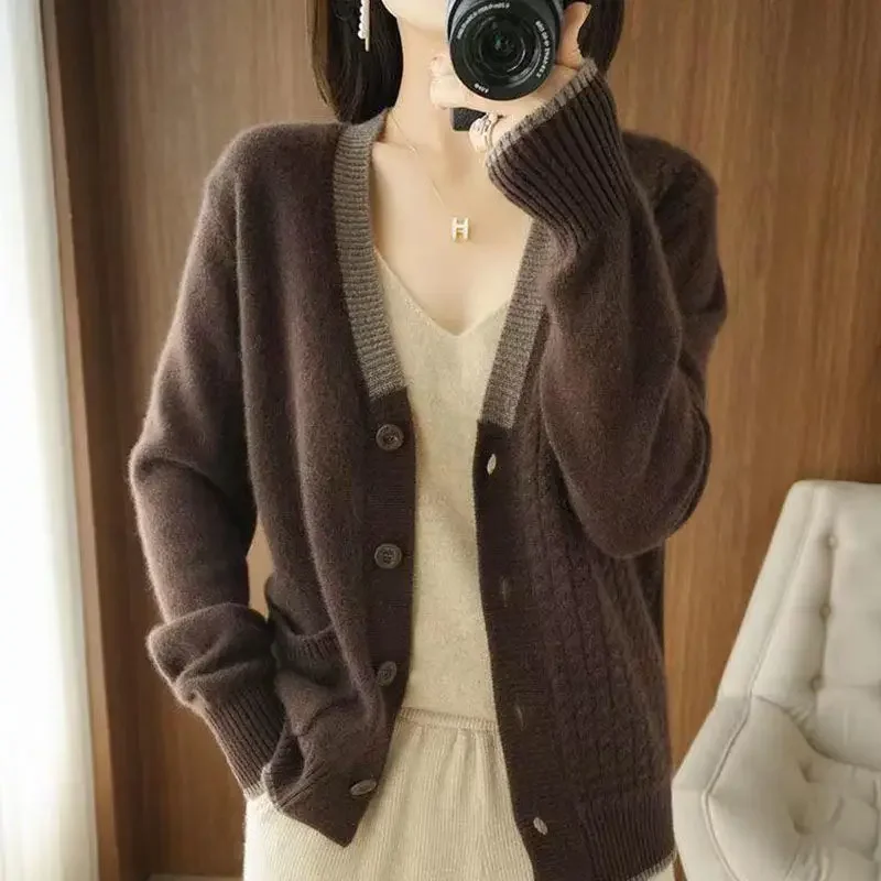 Ladies Sweaters V-neck Cardigan Winter Button Brown Knitted Top For Women Korean Style Modern New In Trend Unique Offers Jumper